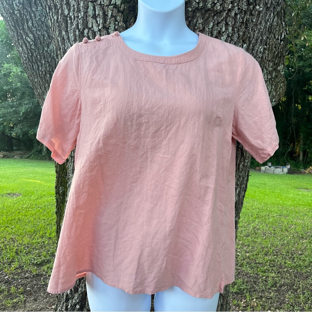 LINEN COTTON BLEND PEACH PINK SHORT SLEEVE BOXY TOP SHOULDER BUTTON DETAIL LARGE